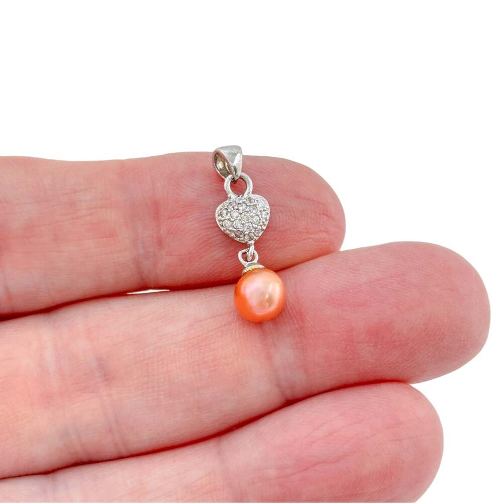 Vintage Sterling Silver 925 Peach Pearl Cubic Zirconia Heart Pendant